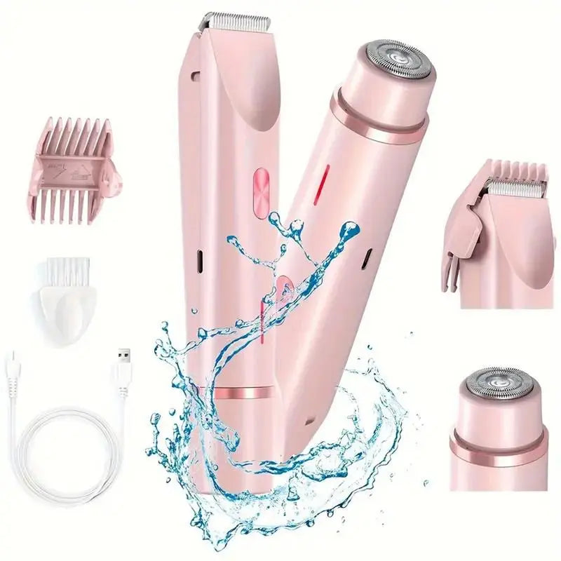 Rechargeable 2-in-1 Electric Trimmer and Shaver for Women - Dual Heads for Painless Grooming on Body, Face, Underarms, and Legs, IPX7 Waterproof Design!