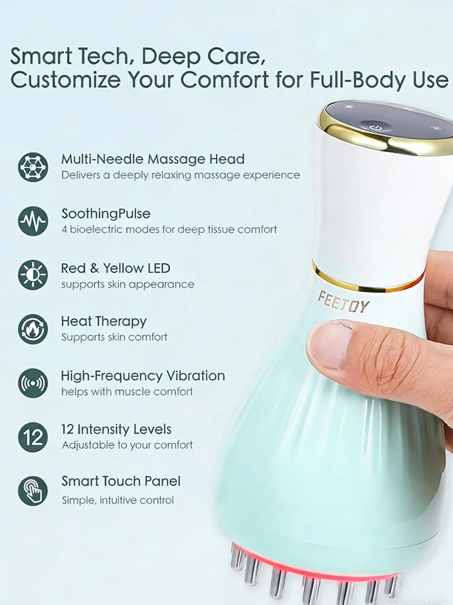 Experience Ultimate Relaxation with the FEEJOY Handheld Meridian Massager - Advanced Red LED Light Heat & Vibration Therapy, 4 Modes & 12 Adjustable Intensity Levels for Total Body Relief