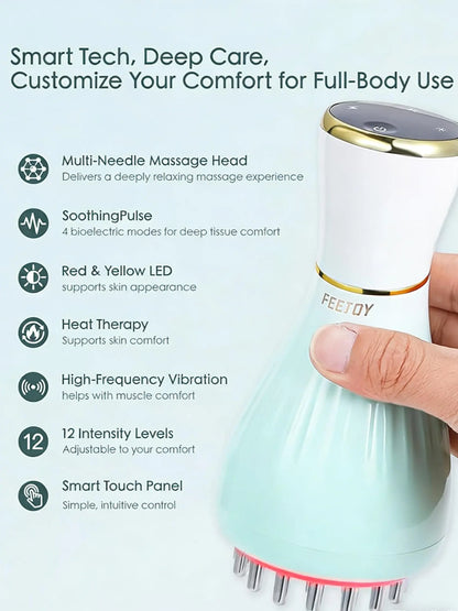 Experience Ultimate Relaxation with the FEEJOY Handheld Meridian Massager - Advanced Red LED Light Heat & Vibration Therapy, 4 Modes & 12 Adjustable Intensity Levels for Total Body Relief