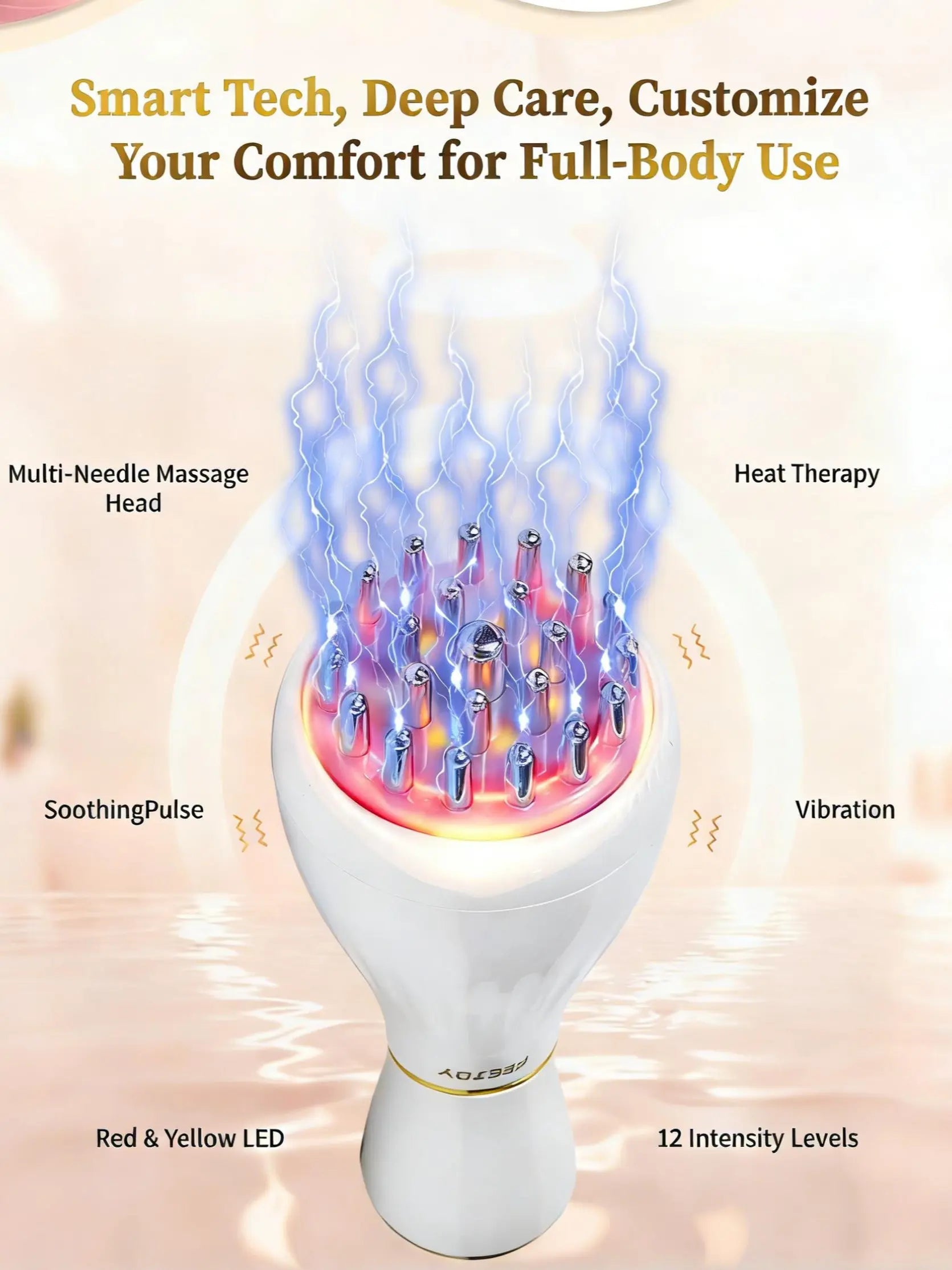 Experience Ultimate Relaxation with the FEEJOY Handheld Meridian Massager - Advanced Red LED Light Heat & Vibration Therapy, 4 Modes & 12 Adjustable Intensity Levels for Total Body Relief
