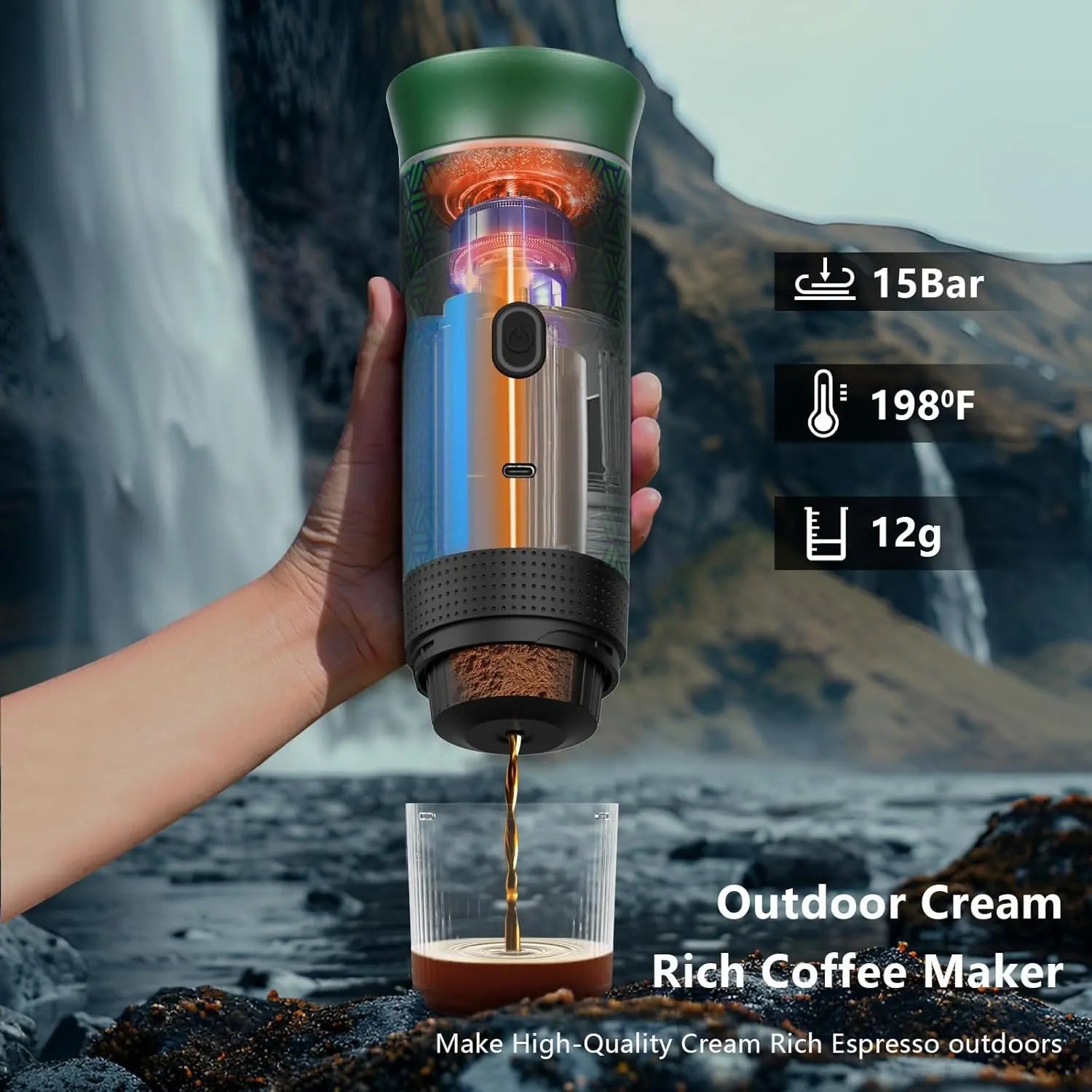 Ultimate Portable Electric Espresso Machine - Travel Coffee Maker for Camping & Car with USB-C Self-Heating, Includes Ground Coffee & NS Capsule for RV, Hiking, Office Use