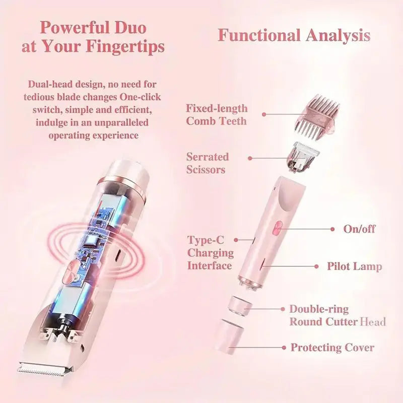 Rechargeable 2-in-1 Electric Trimmer and Shaver for Women - Dual Heads for Painless Grooming on Body, Face, Underarms, and Legs, IPX7 Waterproof Design!