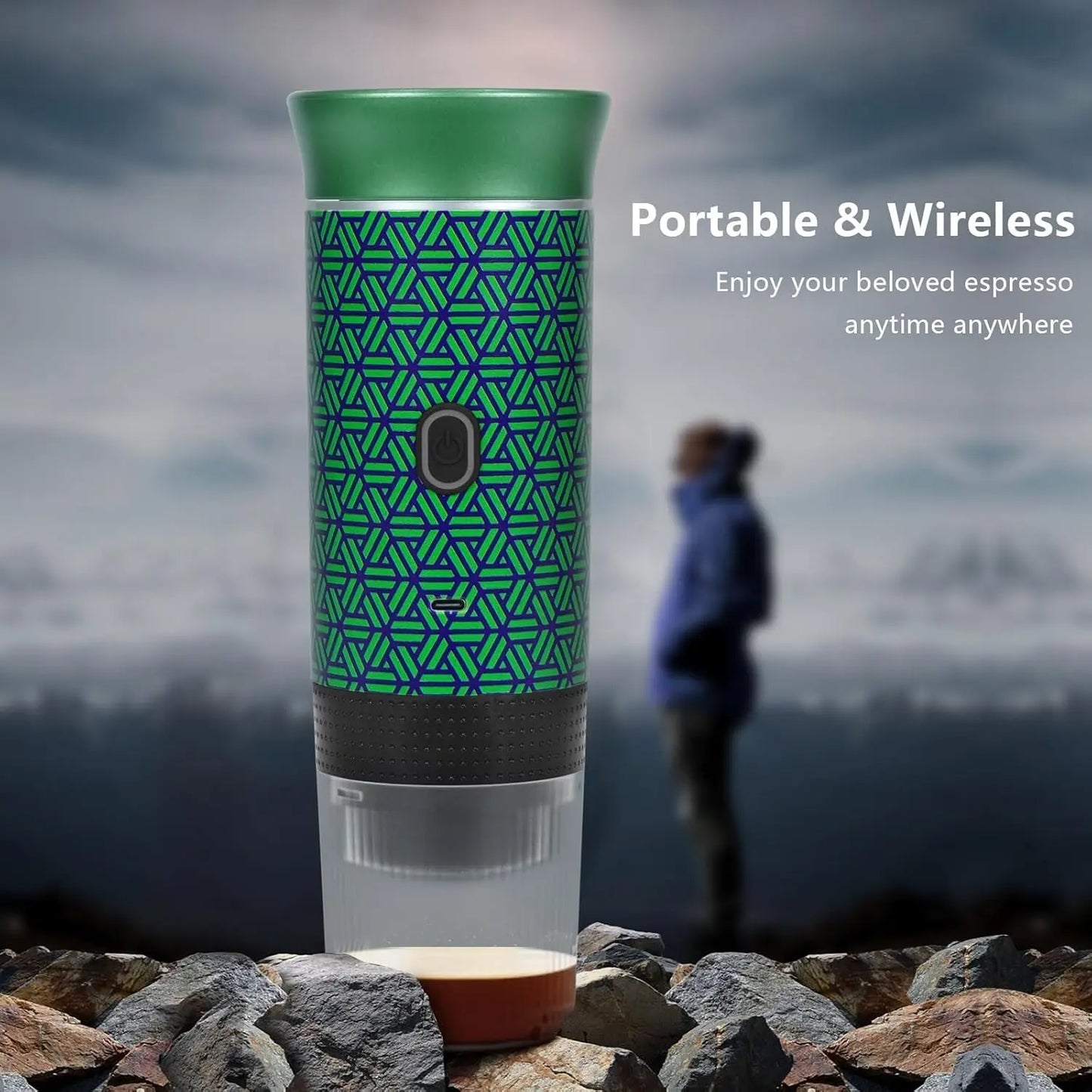 Ultimate Portable Electric Espresso Machine - Travel Coffee Maker for Camping & Car with USB-C Self-Heating, Includes Ground Coffee & NS Capsule for RV, Hiking, Office Use