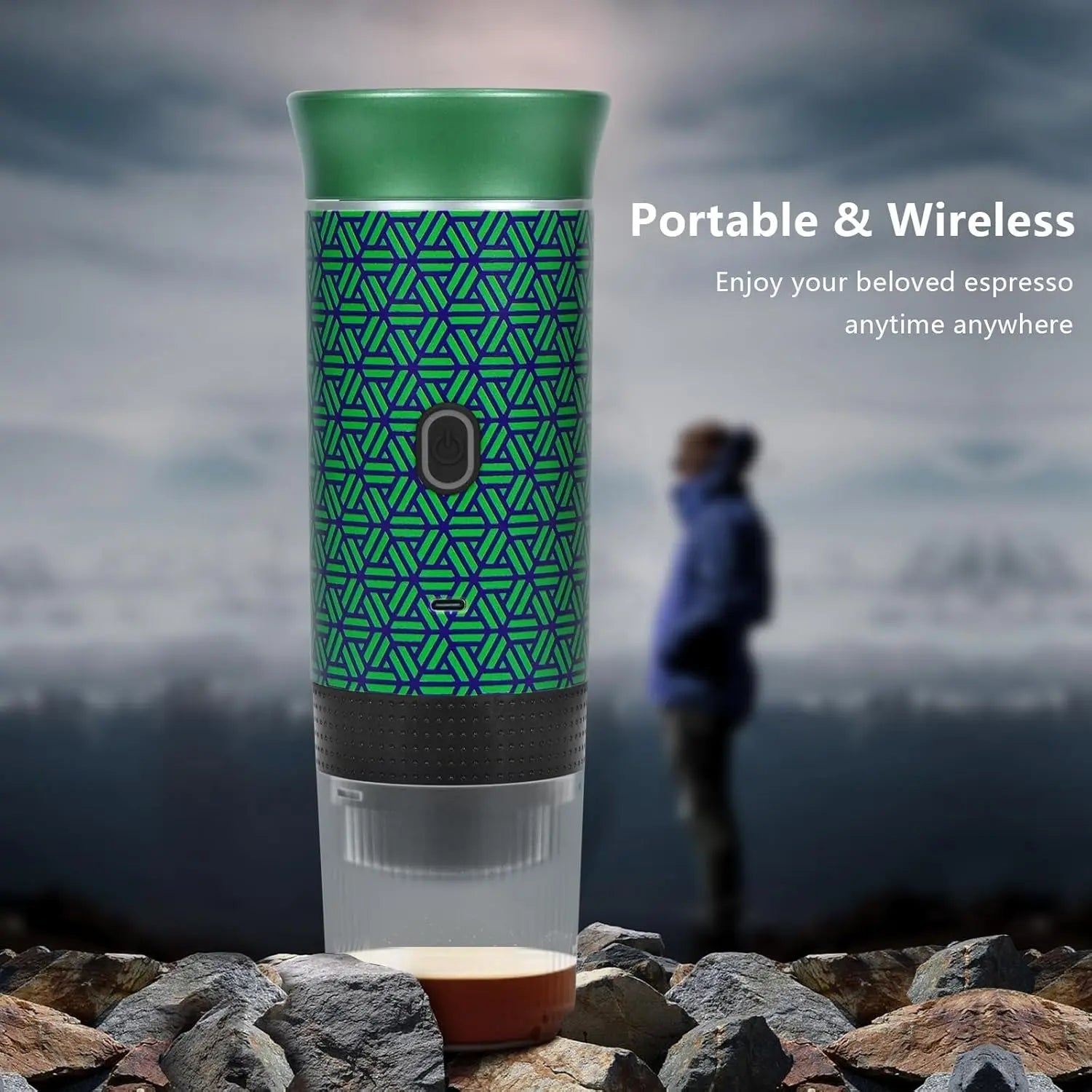 Ultimate Portable Electric Espresso Machine - Travel Coffee Maker for Camping & Car with USB-C Self-Heating, Includes Ground Coffee & NS Capsule for RV, Hiking, Office Use