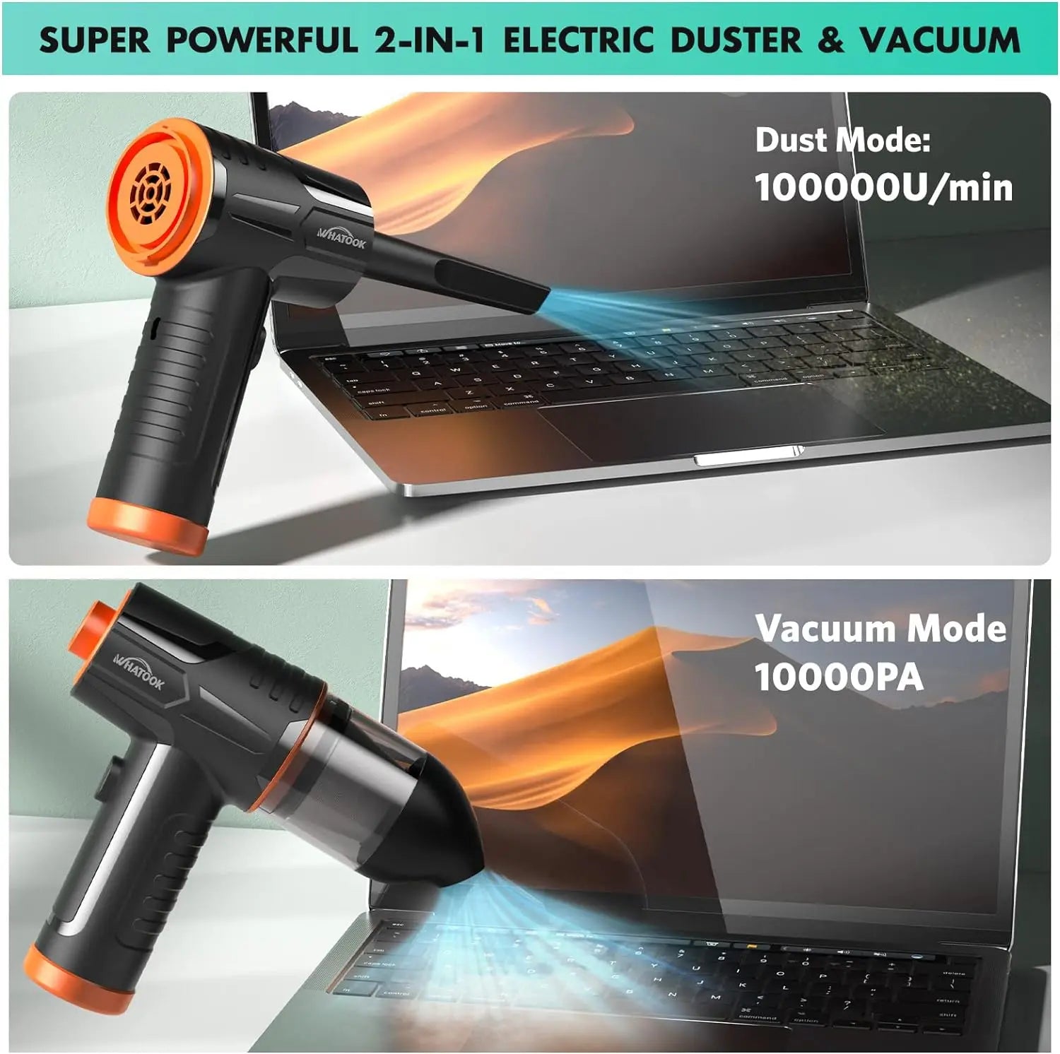 WHATOOK 2-In-1 Vacuum Cleaner，Compressed Air Duster Blower，100000 RPM & 10 Kpa Cordless Car Hoover, Portable Handheld Keyboard Cleaner Kit for PC Computer Desk Dust Cleaning