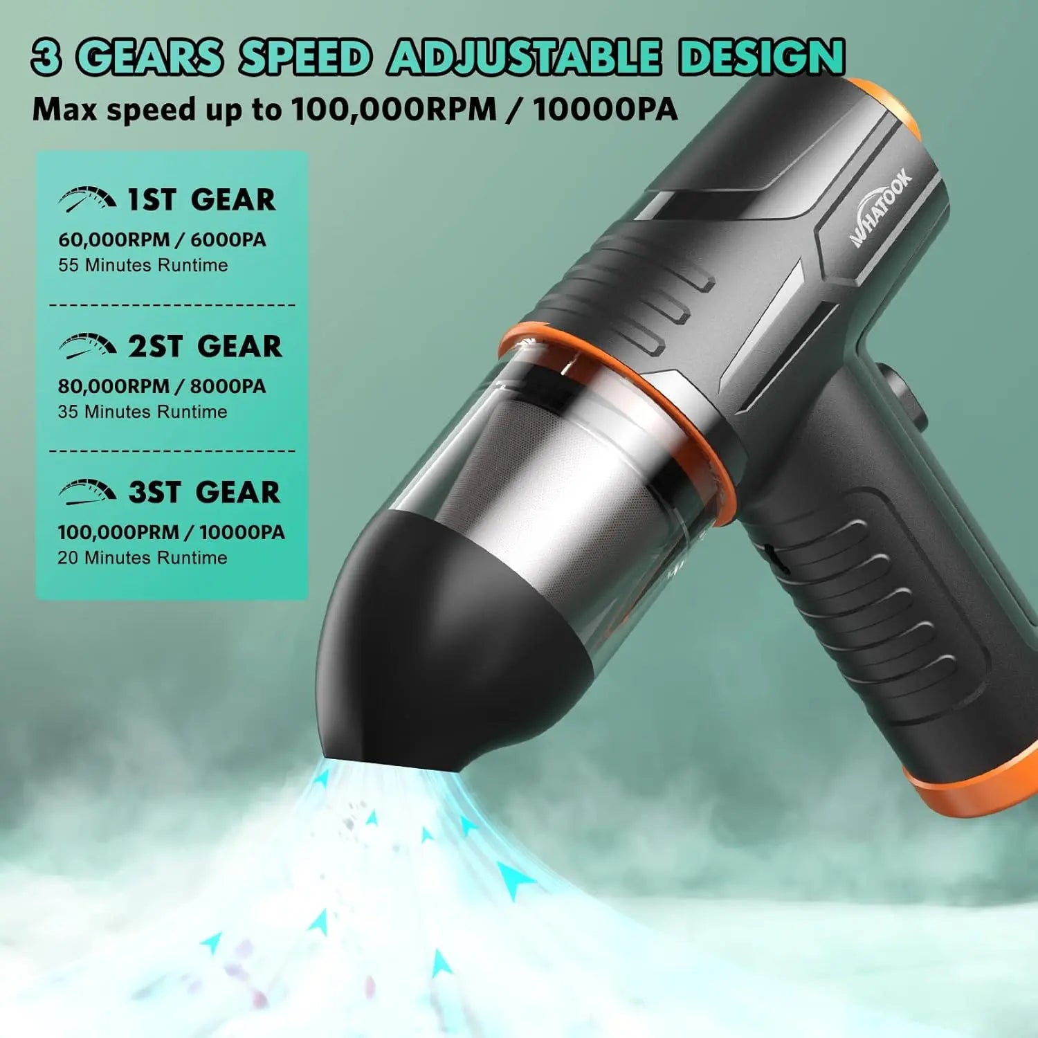 WHATOOK 2-In-1 Vacuum Cleaner，Compressed Air Duster Blower，100000 RPM & 10 Kpa Cordless Car Hoover, Portable Handheld Keyboard Cleaner Kit for PC Computer Desk Dust Cleaning